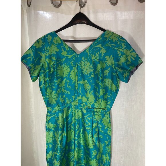 Vintage Handmade Blue & Green Floral Sheath Dress Medium Short Sleeves 1950s - Picture 5 of 8